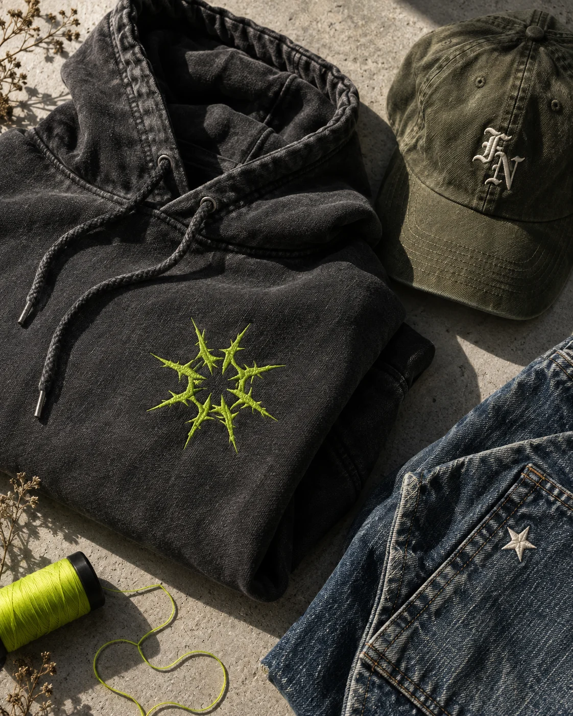 Embroidery concepts: a lime stitched starburst on a washed hoodie, a monogrammed olive hat, and a star on denim